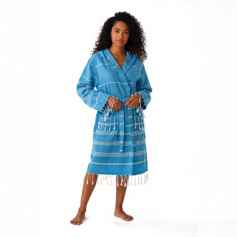 Hooded Bathrobe with Fringes in Cotton - Turquoise - One Size - Paraguay