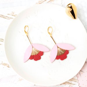 Ginkgo Flower Earrings - pink and dark red leather