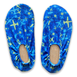 Blue airplane pattern children's water shoes, non-slip beach slippers with yellow planes design.