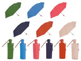Compact, folding umbrella made from recycled fabric with UV50+ protection and windproof design. Available in a variety of colors including green, blue, red, navy, orange, and beige.