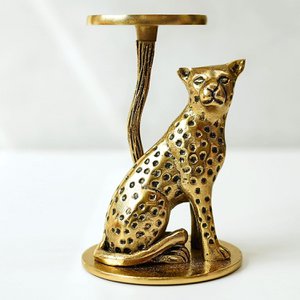 Pillar Candle Holder – Aluminium Brass Finish Jaguar – H 16.5cm Tabletop Decor