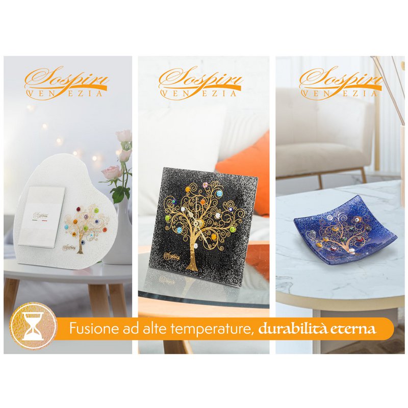 Reloj de mesa cuadrada en vidrio de Murano, idea de regalo, favores, decoración dorada de la vida
