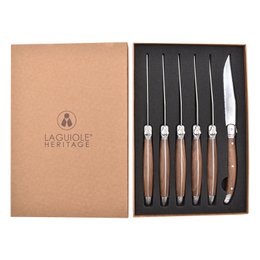  Set of 6 walnut wood steak knives, ideal for carving and serving meat. Crafted with high-quality stainless steel blades and a classic Laguiole design.