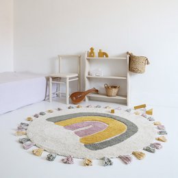 Alfombra infantil de algodón lavable arcoíris con pompones RAINBOW MOSS