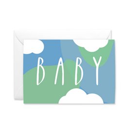 Greeting card with the word "BABY" in a playful, hand-drawn style against a backdrop of clouds and a green and blue landscape.