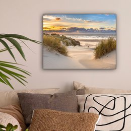 Lærredsmaleri - vægdekorationstrand - klit - græs - solnedgang - hav - vægdekoration stue - soveværelse dekoration - værelse tilbehør - malerier på lærred