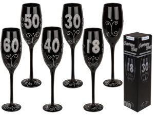 Black champagne glass with silver glitter,