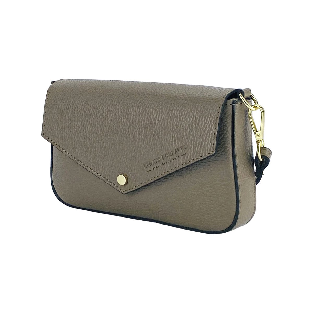 RB1023AQ | Lille skuldertaske med aftagelig kæde skulderrem i ægte læder Fremstillet i Italien. Lukkeklap. Poleret guld metal tilbehør - Taupe farve - Mål: 22 x 12 x 3 cm