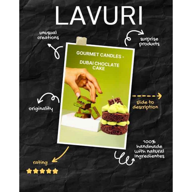 LAVURI DUBAI Chocolate cake candle, 100% handmade scented candle made from soy wax, pistachio cream look on a fluffy cake base