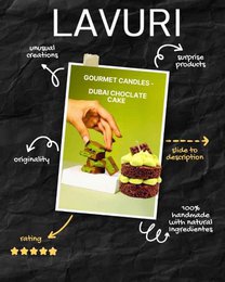 LAVURI DUBAI Chocolate cake candle, 100% handmade scented candle made from soy wax, pistachio cream look on a fluffy cake base