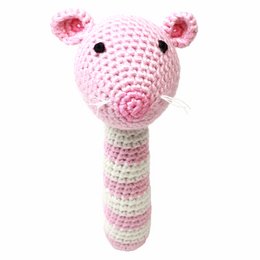 A pink and white crocheted rattle in the shape of a mouse, with a round body, pointed ears, and a striped handle. Suitable for babies and young children.