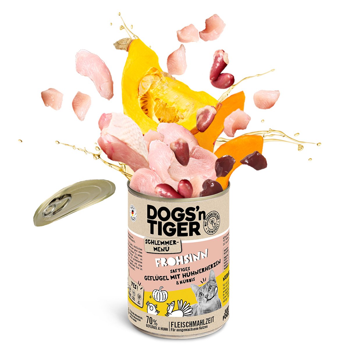 Dogs’n Tiger Adult, cibo per gatti, Frohsinn, cibo umido per gatti, senza cereali, pollame e zucca