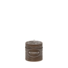  A round, tall white chocolate-scented candle in a mokka color.