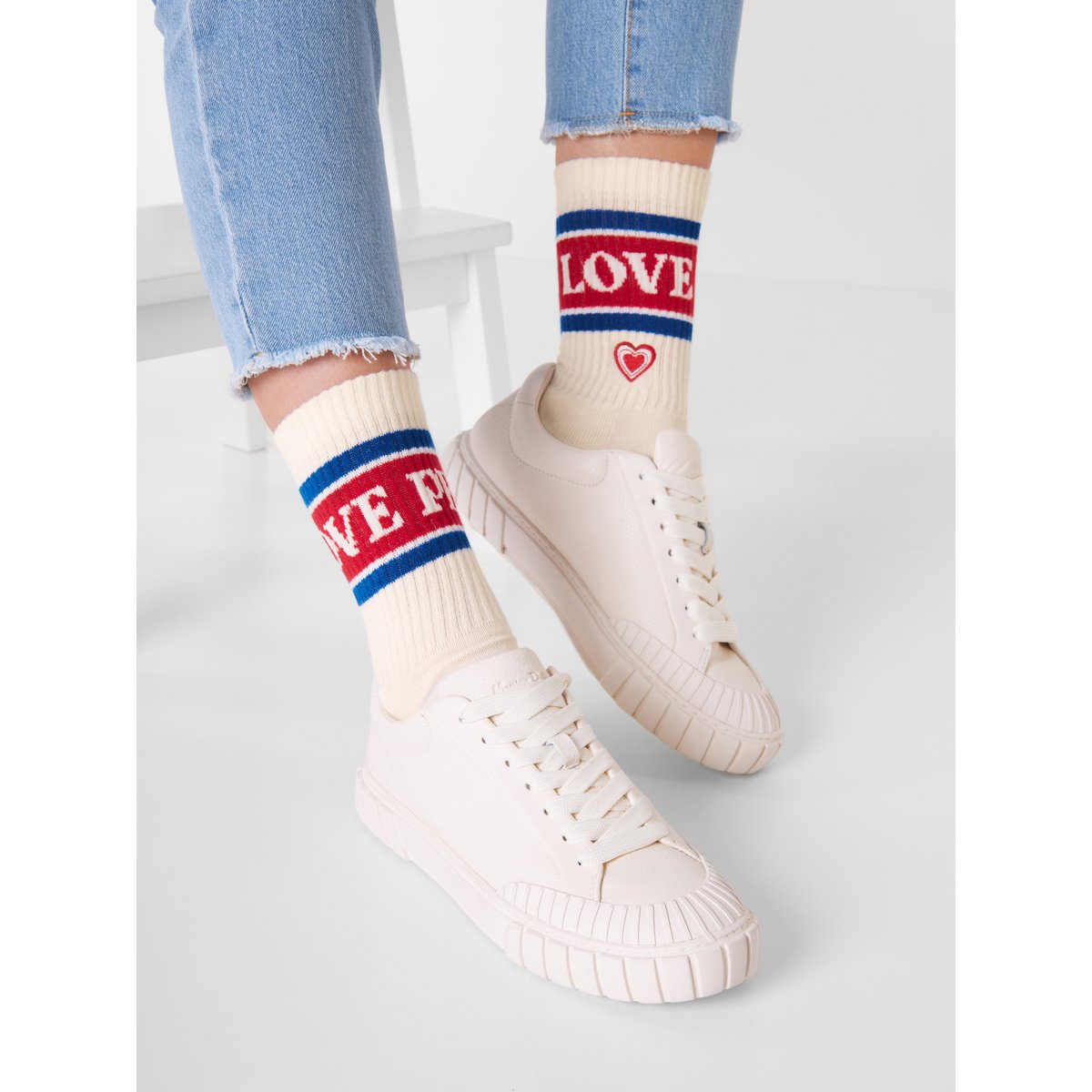 Organic socks Love & Peace - tennis socks with lettering and embroidered heart