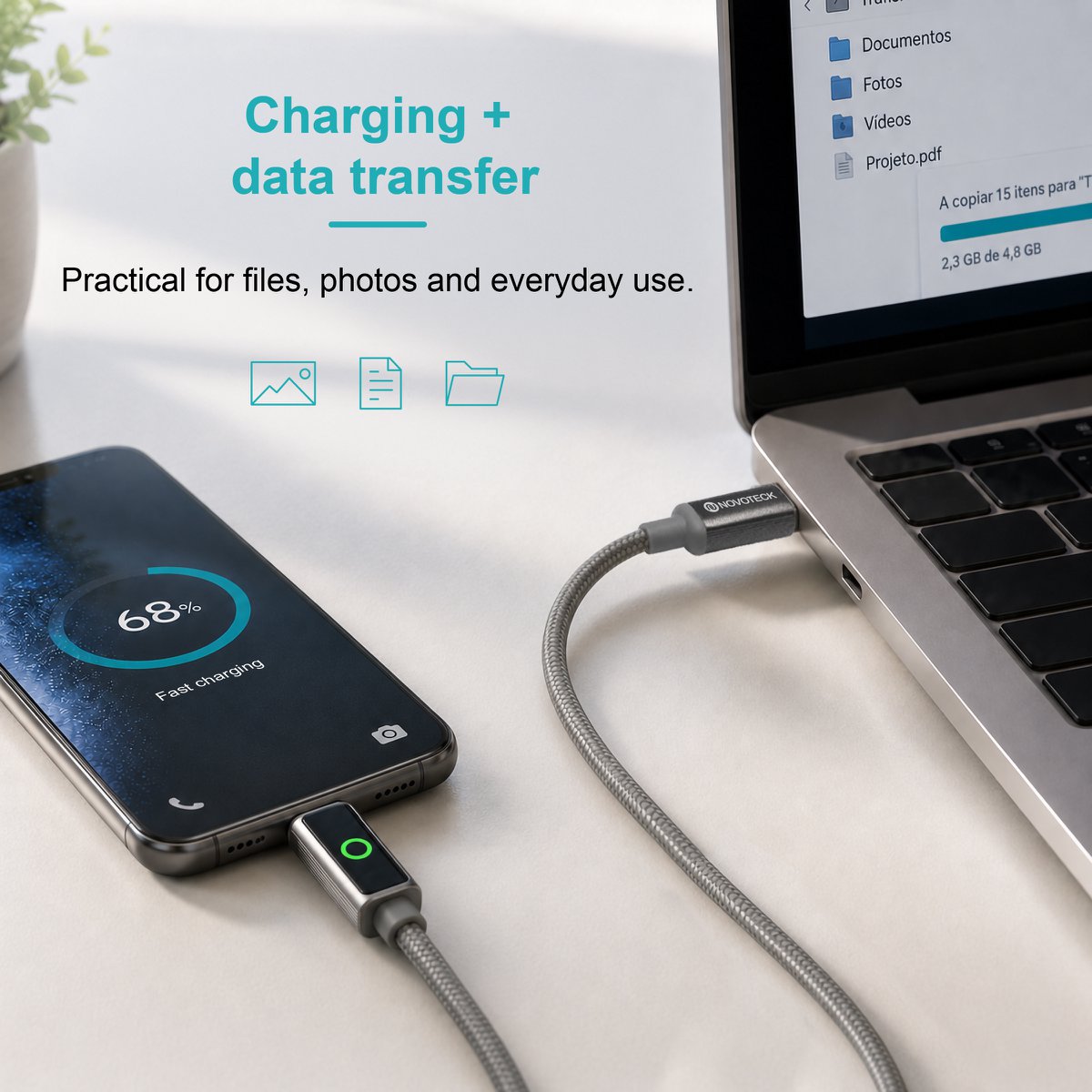 Cable NOVOTECK S-144 USB-C a Lightning: carga rápida de 30 W, 1 m, indicador LED y transferencia de datos