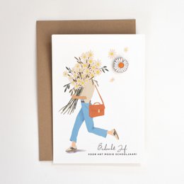  A colorful thank you card featuring a whimsical illustration of a person carrying a bouquet of flowers. The card has a simple, minimalist design with a brown envelope.