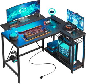 Computer Desk -  107x80x76 cm - L-Shaped Gaming Desk with LED Lighting - Black Carbon