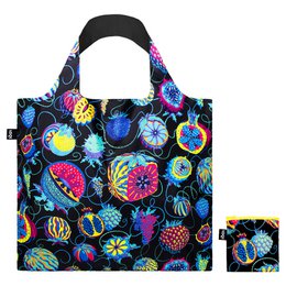 Colorful recycled shopping bag with vibrant neon planets, stars, and cosmic pattern design on black background.