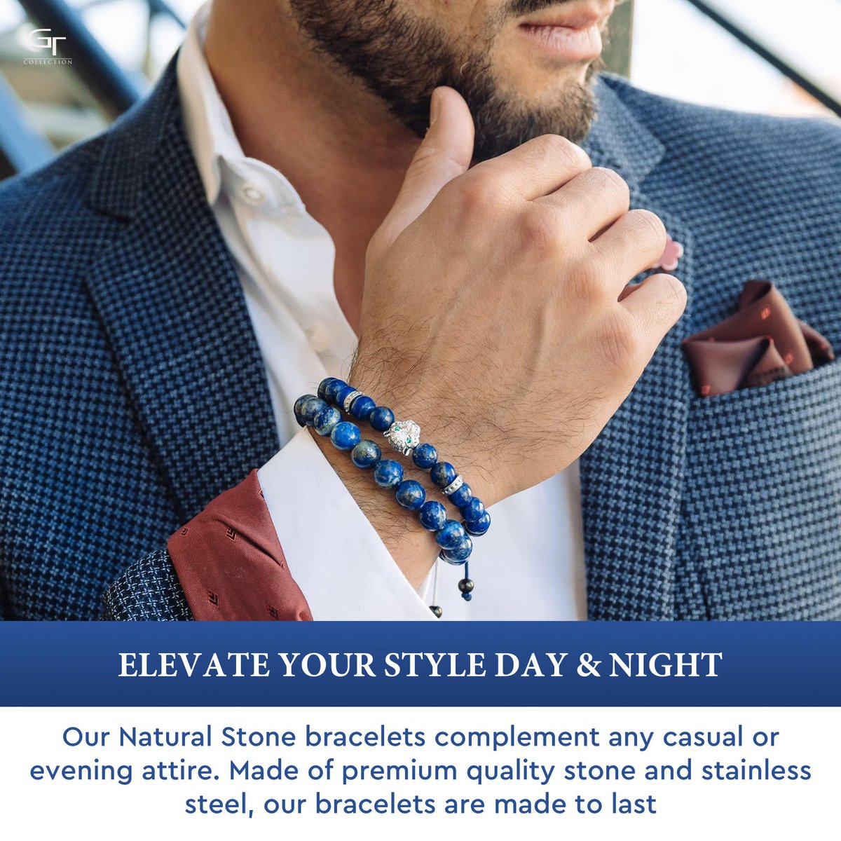Bracelet homme LAPIS LAZULI avec tête de LÉOPARD en argent