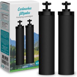 Black cylindrical water filter cartridges compatible with Berkey and Berkefeld gravity water filters.