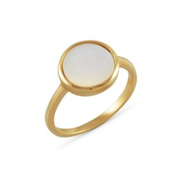 A round, gold-colored ring with a white stone or gem in the center. The ring appears to be made of a shiny, metallic material and has a simple, minimalist design.