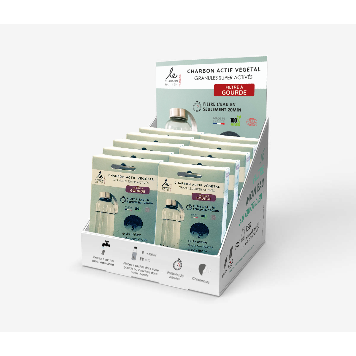 Set van 4 nomadische flessenfilters met supergeactiveerde plantaardige houtskool