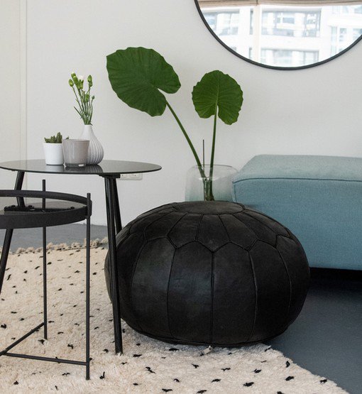 Leather pouffe - black (XL)