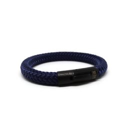 Navy blue and gray woven bracelet with metal clasp closure.