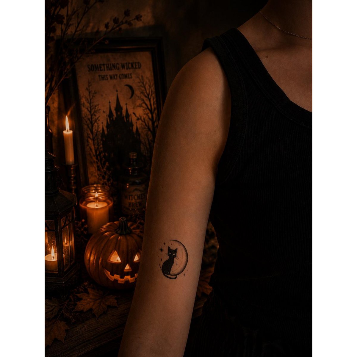 Tatuaje temporal: gato negro y luna x5