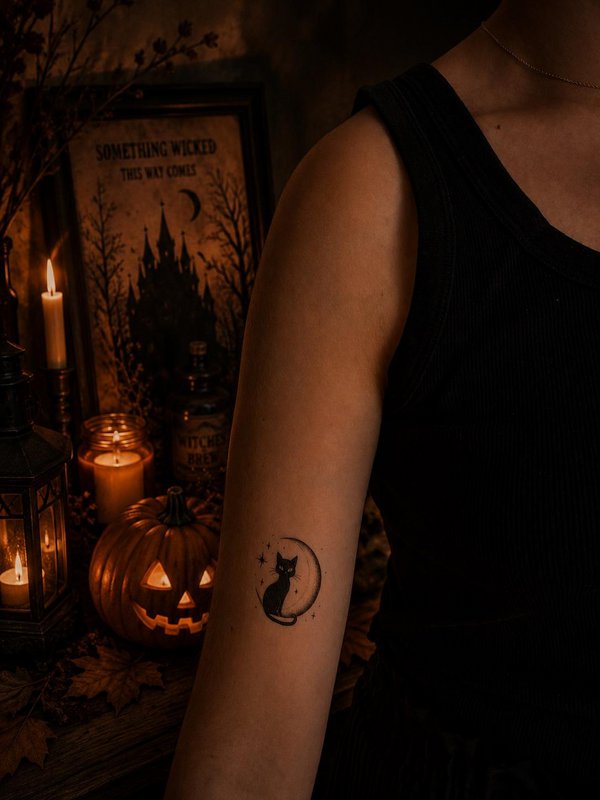Tatuaje temporal: gato negro y luna x5