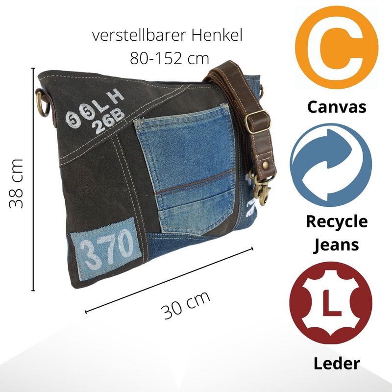 Sunsa Bæredygtig Skuldertaske til kvinder. Skuldertaske lavet af genbrugte jeans & canvas (canvas). Håndtaske i vintage retro stil. Crossbody taske til kvinder.
