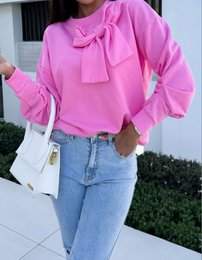 Sweater with decorative bow and gathered sleeves in cotton