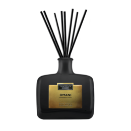 Fragrance sticks in a sleek black bottle with a gold label, featuring the scent "Omani". The reed diffuser set includes 200 ml of fragrance oil and black reed sticks for dispersing the aroma throughout a room.