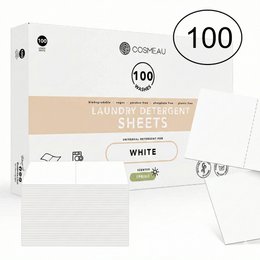 White laundry detergent sheets, eco-friendly and biodegradable, suitable for all washing machines.