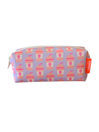 A rectangular pencil case with a colorful milkshake pattern in shades of pink, orange, and white. The case has a zipper closure and is suitable for storing school supplies.