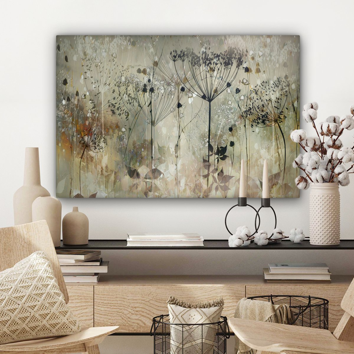 Pintura de lona - Decoración de pared - Flores - Gris - Naturaleza - Arte