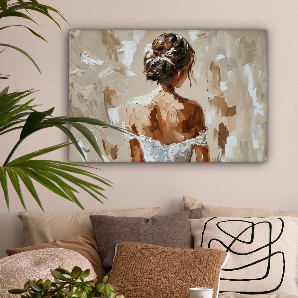 Canvas schilderij  - Wanddecoratie - Bloemen - Vaas - Stilleven - Beige