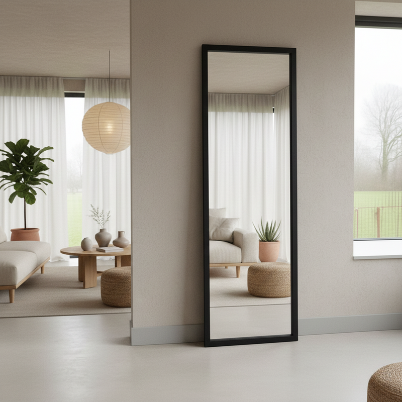 Specchio a figura intera 60x200 cm Nero - Specchio da parete grande in acciaio - Specchio da terra