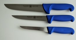 Professional butcher knife set with blue handles, includes 3 knives for various cutting tasks.