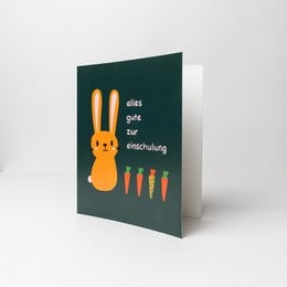 Colorful birthday card with a cute orange bunny and text in German that translates to "Everything good for your enrollment". The card is available in various quantities, making it suitable for different occasions.