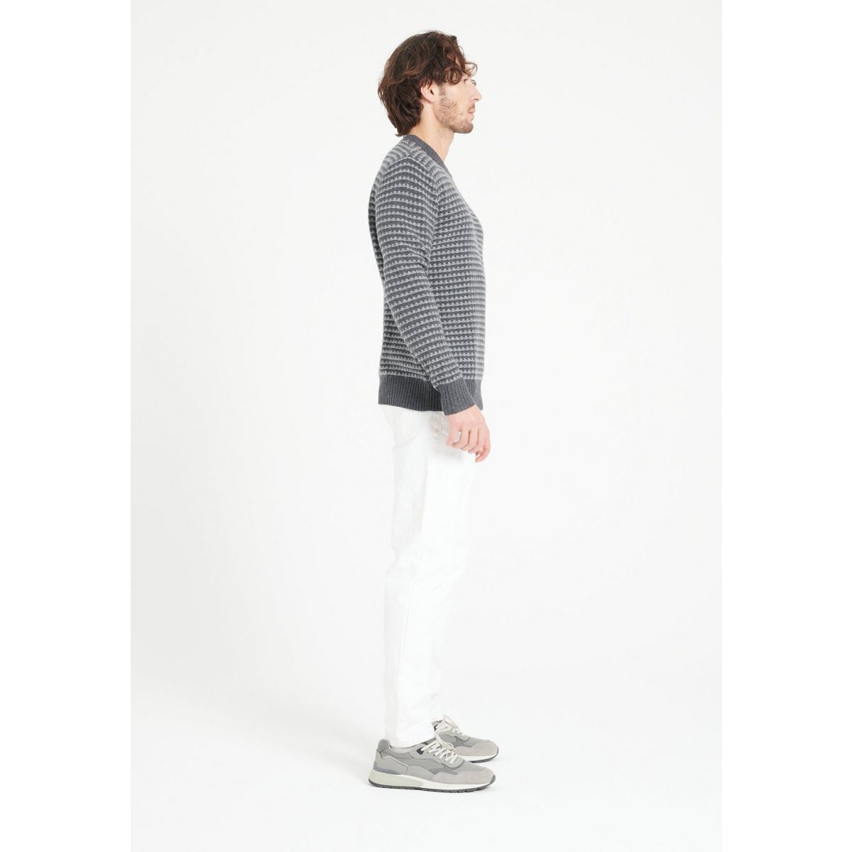 ZACH 3 Kasjmier trui met ronde hals en 4-draads tweekleurig jacquardpatroon