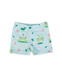  Light blue baby swim shorts with UPF 50+ protection, featuring a fun print of frogs, lily pads, and other aquatic elements.