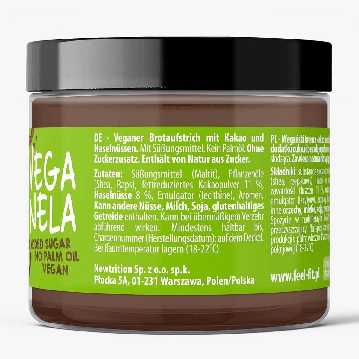 Feel FIT Veganela Cacao-Hazelnootpasta, Veganistisch, Zonder Toegevoegde Suiker, Zonder Palmolie 200g