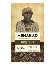 Dark chocolate bar with 80% cocoa content. Features a portrait of a man on the packaging.