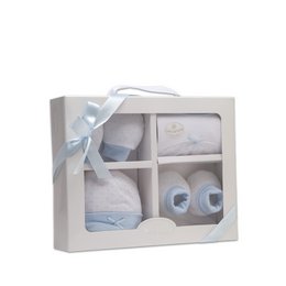 SET 4 STUKS (MUTS+HANDSCHOENEN+SLABBER+SOKKEN) VOOR NIEUWBORGEN (0-6 MAANDEN) - 100% KATOEN - MOD. BLAUW