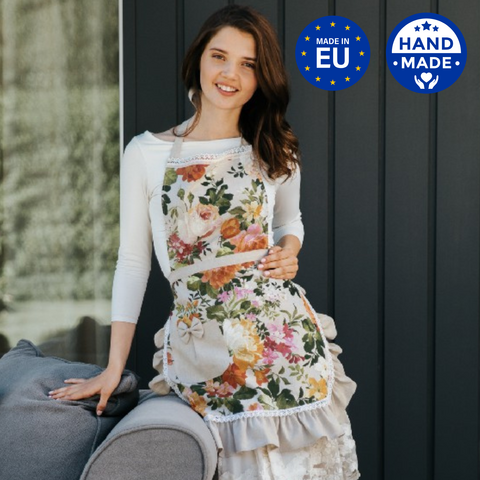Ladies Apron with Ruffles, Poly-cotton Mix, Printed | Flower Big
