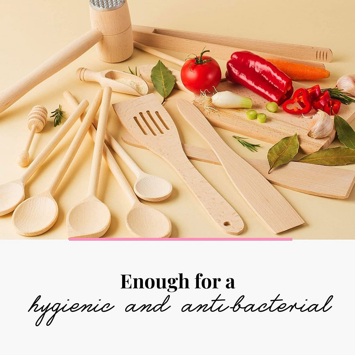 15 Piece Wooden Kitchen Utensil Set (Cooking Spoons, Turners, Honey Spoon, BBQ Tongs, Cutting Board, Meat Hammer, Spice Spoon)