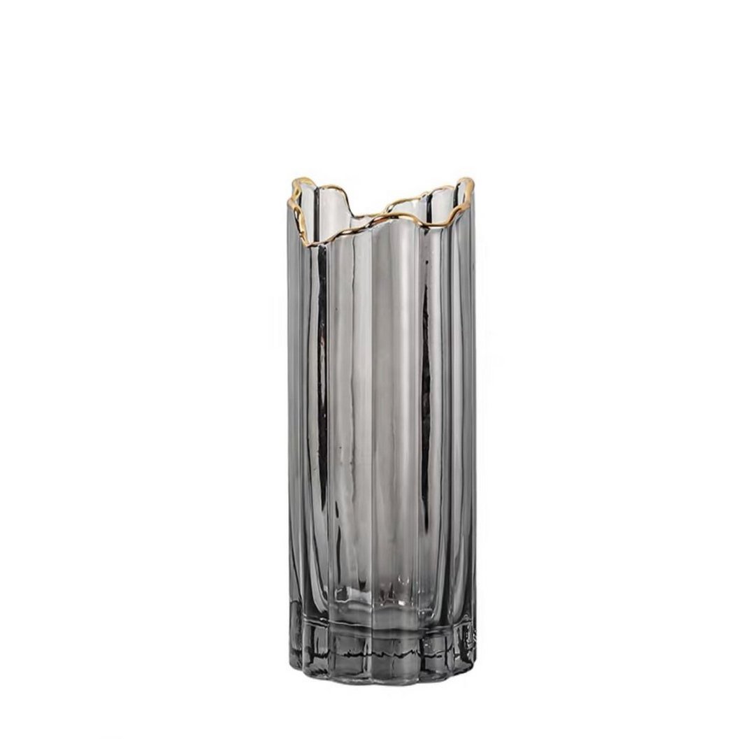 30 cm große Rauchglas-Vase mit Kupferrand