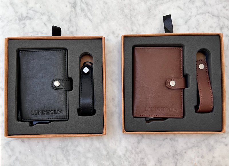 Tarjetero de piel + organizador de llaves marrón — set de regalo para hombre — Lundholm Örebro Safety Wallet
