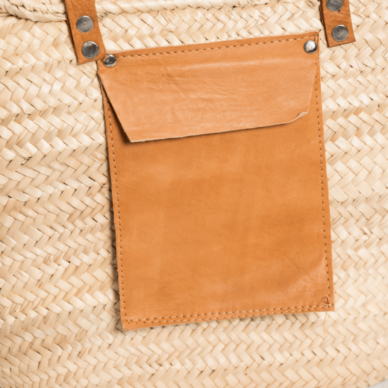 Sac de plage en paille marocain fait à la main – Fourre-tout en palmier tissé avec sangles en cuir | Panier d'été léger